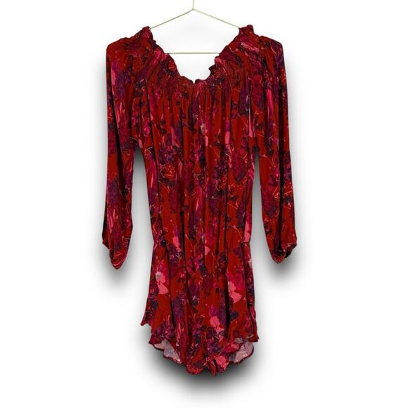 NWT BEACH RIOT Lantern Romper S Red Floral Off The Shoulder Long Sleeve Ruffle - Picture 1 of 6